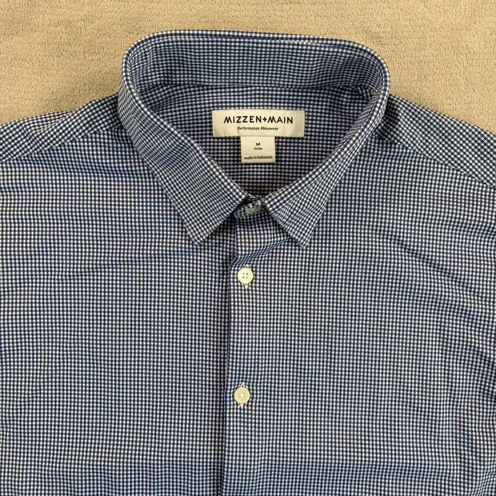 Mizzen‎ + Main Performance Oxford Shirt Blue Gingham Check Men Medium NWOT $138